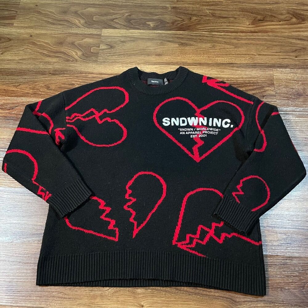 Bershka SNDWN INC Embroidered Hearts Long Sleeve Crew Neck Sweater Men's Size XL
